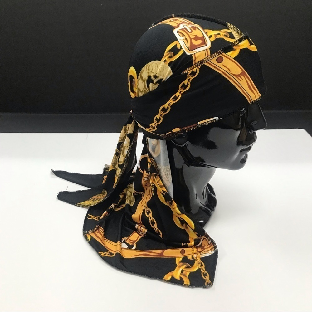 Jersey Durag Long Tail Head Scarf Black Gold Cap Print Stretch Wave Hat